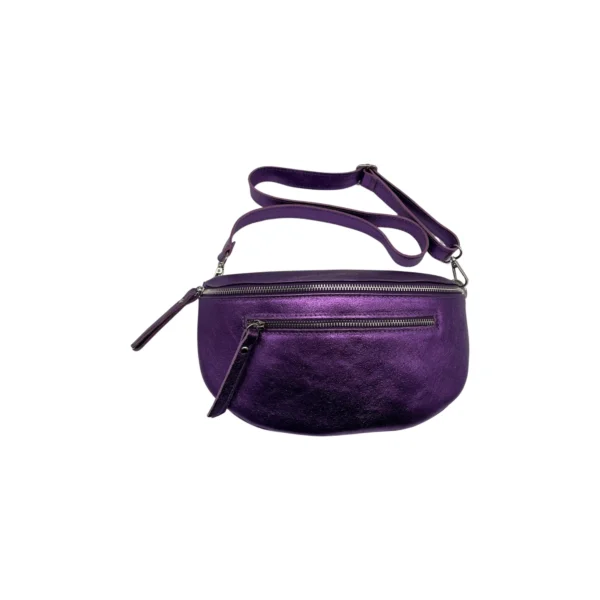 SAC BANANE 2 FERMETURES CUIR GRAINE 30CM VIOLET METALLISE